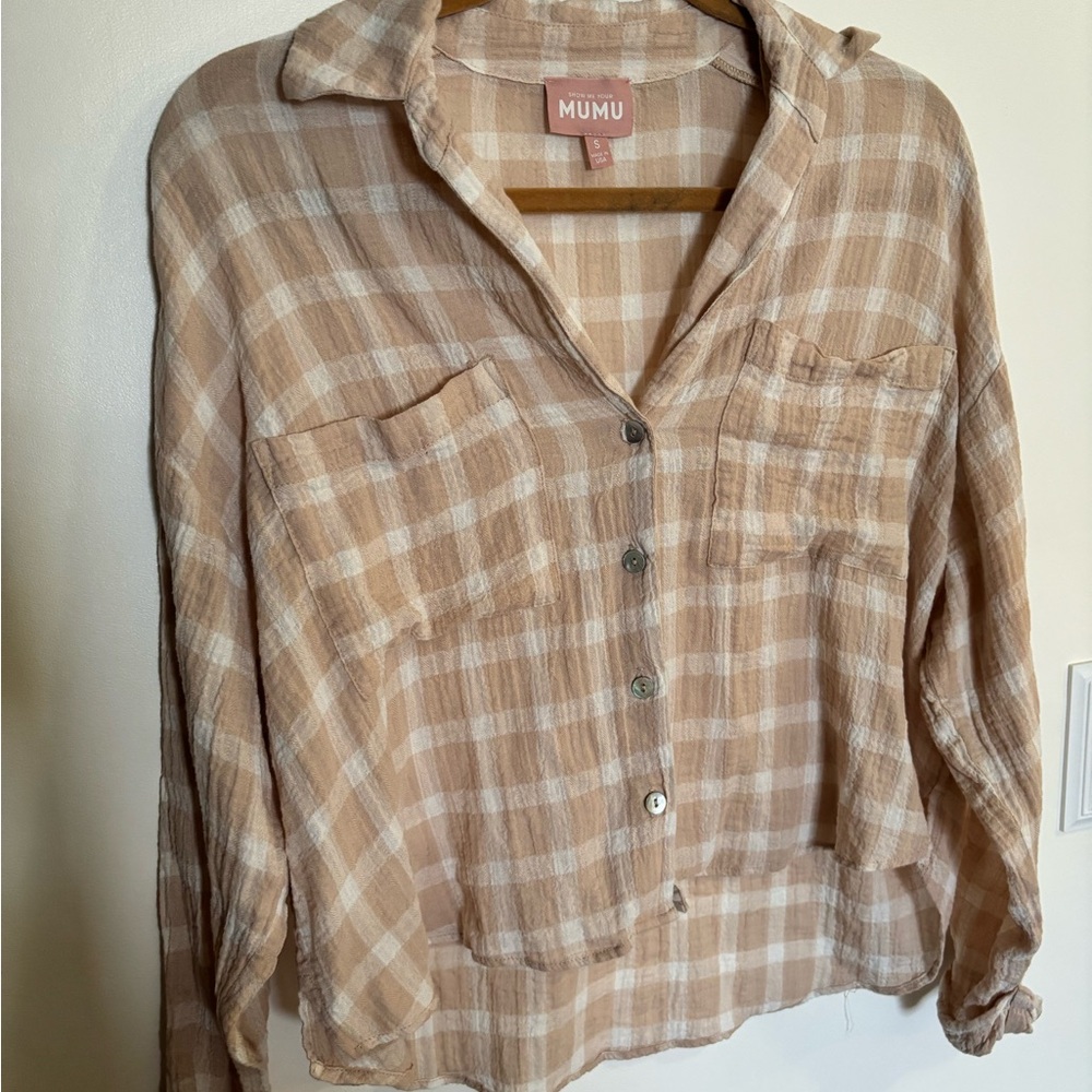 Show Me Your MuMu Tan Plaid Button Down Shirt